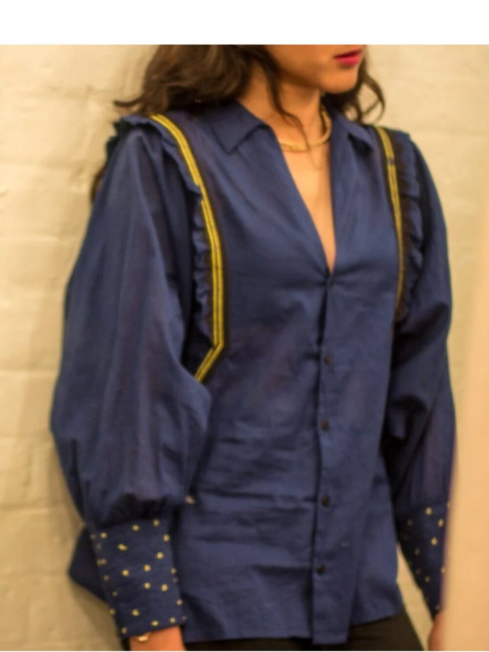 ba&sh Royal Blue Button-Front Blouse with Yellow Trim